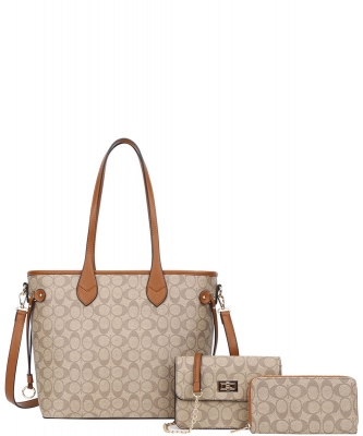 3in1 Oval Monogram Handbag Wallet Set FT-8091-S BROWN